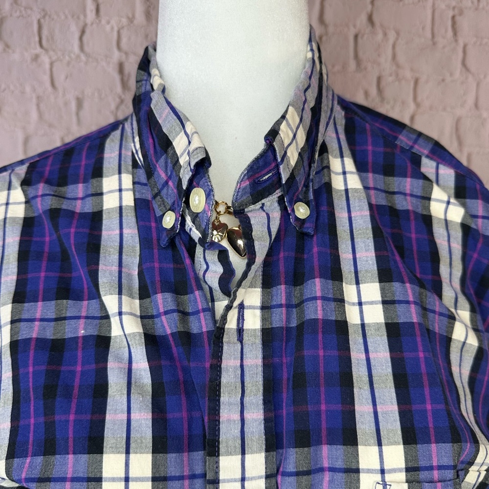 J. Crew Purple and White Plaid button down large - Picture 3 of 9